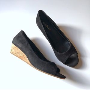 Cole Haan Elsie Open Toe Wedges Black Suede Cork